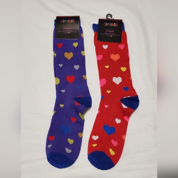 2pairs Red & Purple Hearth Print Sumona Crew Socks - Picture 6 of 7